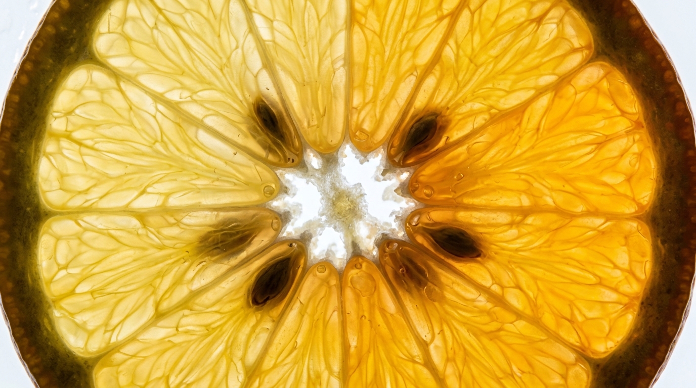 backlit citrus slice showing cellular structure
