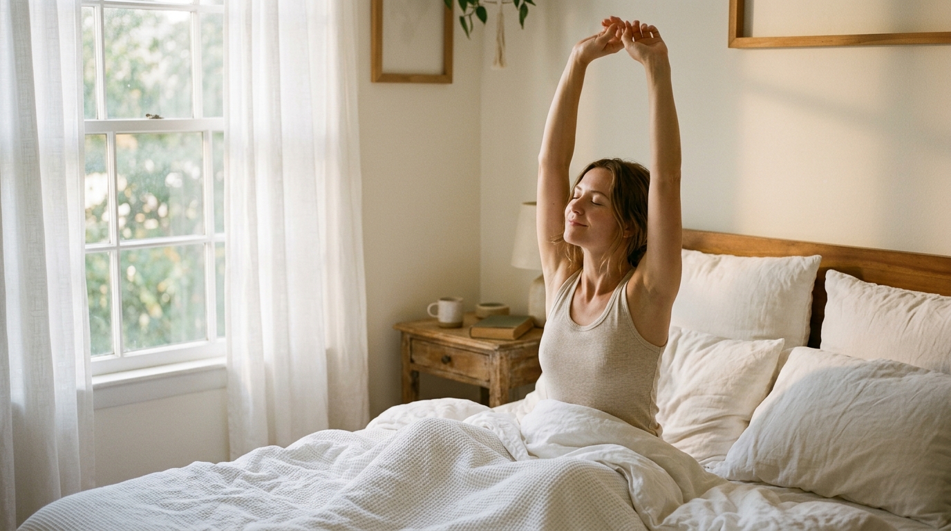 woman stretching peacefully in morning light