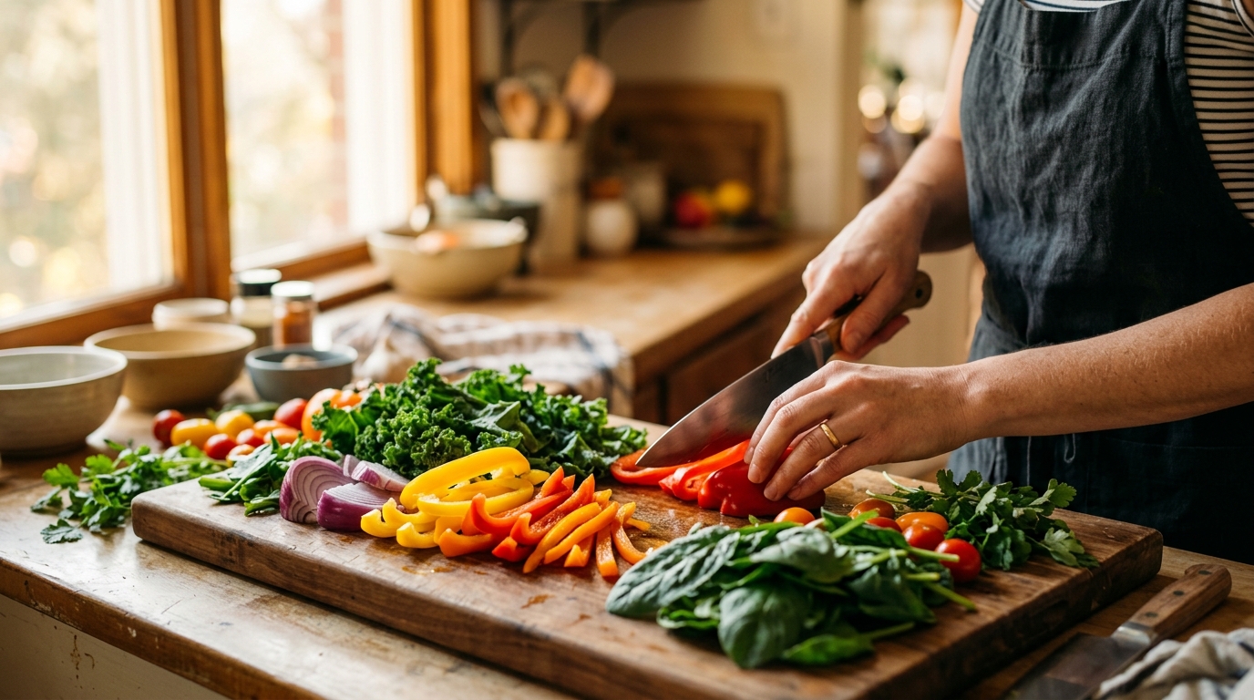 hands preparing colorful fresh vegetables