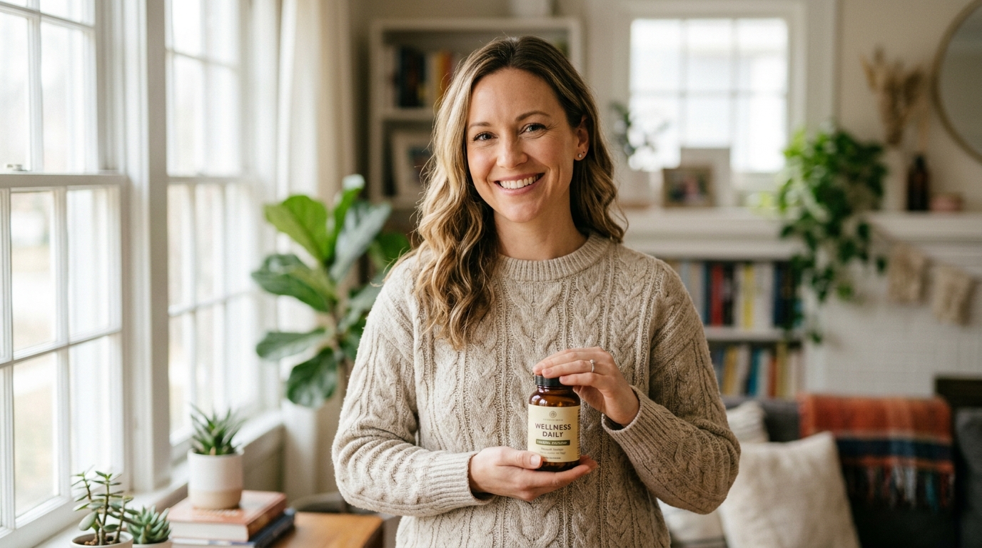 woman with gentle expression holding supplement