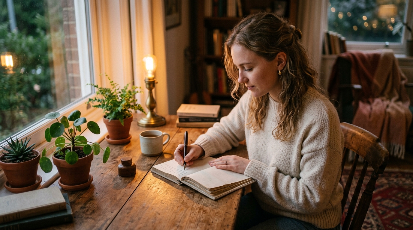 woman writing thoughtfully in journal