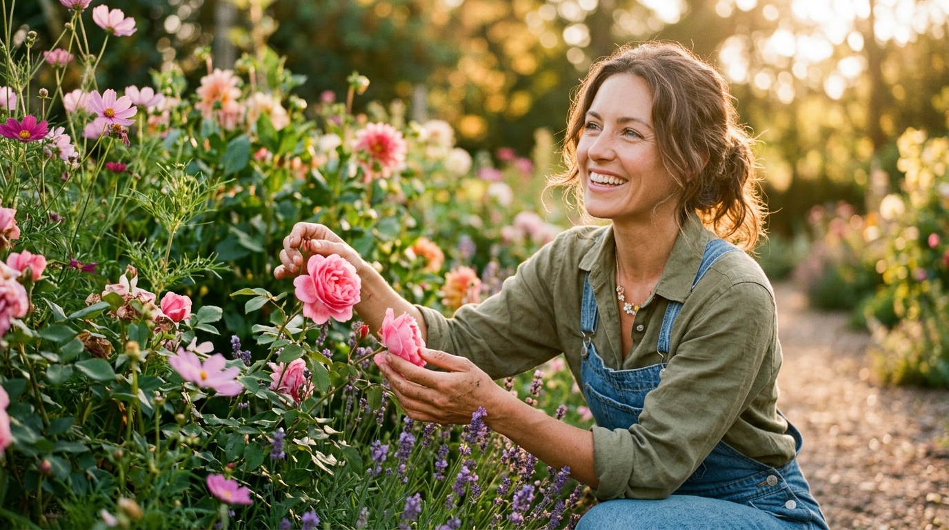 woman gardening with radiant energy and joy