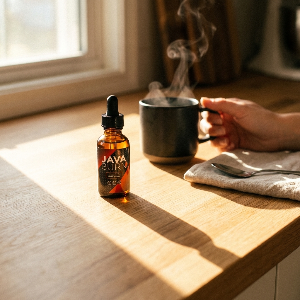 Java Burn bottle on kitchen counter beside a warm mug in morning light