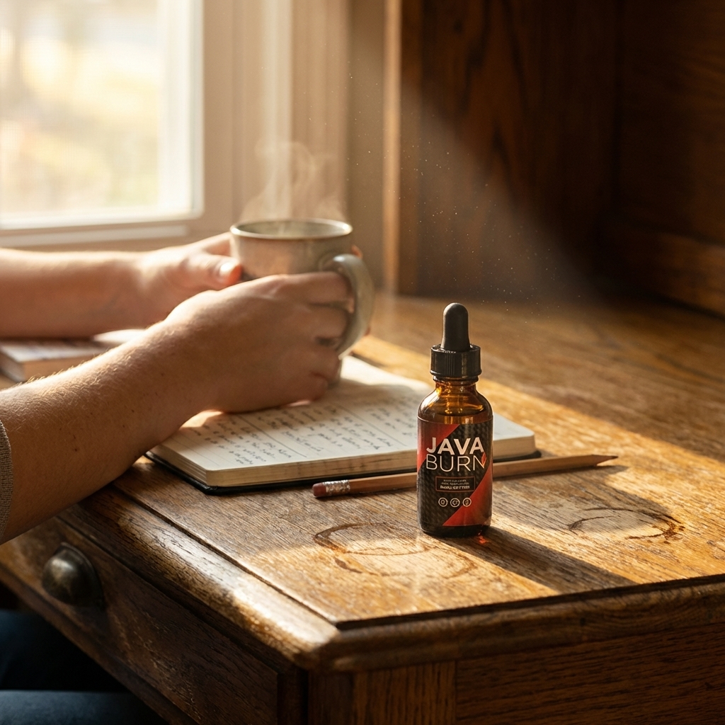 Java Burn bottle on an oak desk in warm afternoon light with a woman's hand on a mug