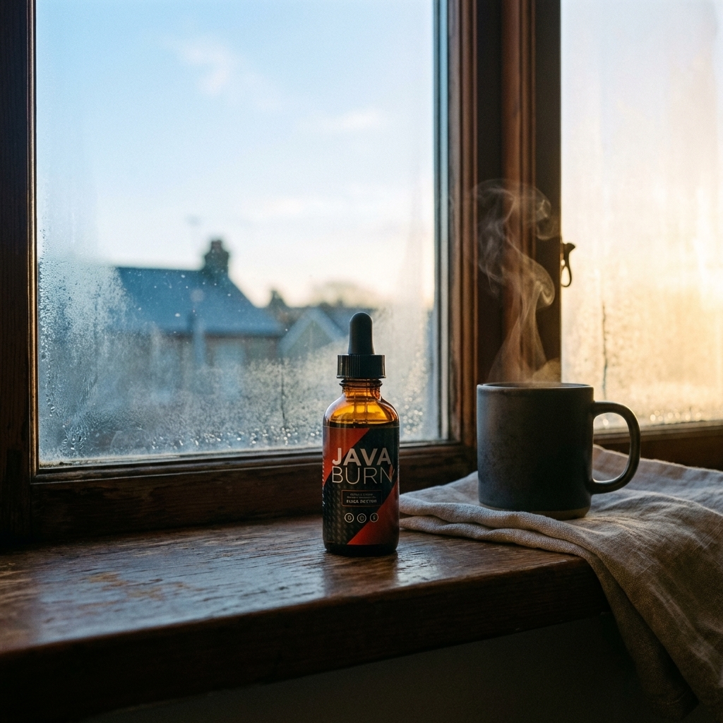 Java Burn bottle on a windowsill in pre-dawn light beside a steaming stoneware mug