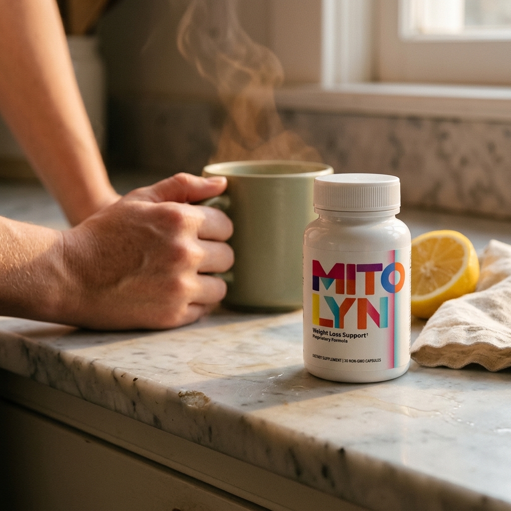 Mitolyn bottle on marble counter in warm morning light beside a ceramic mug