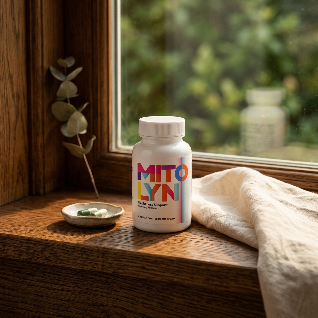 Mitolyn bottle on wooden windowsill in warm afternoon light with linen and eucalyptus