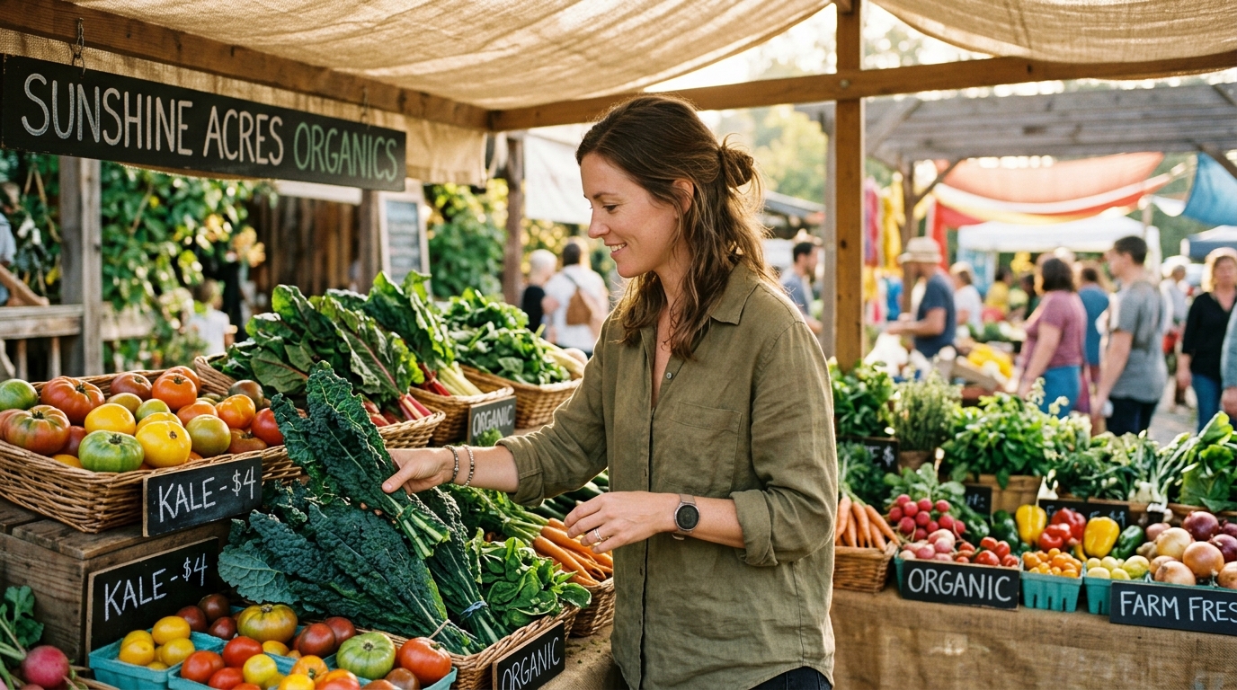 woman selecting fresh organic vegetables at farmers market