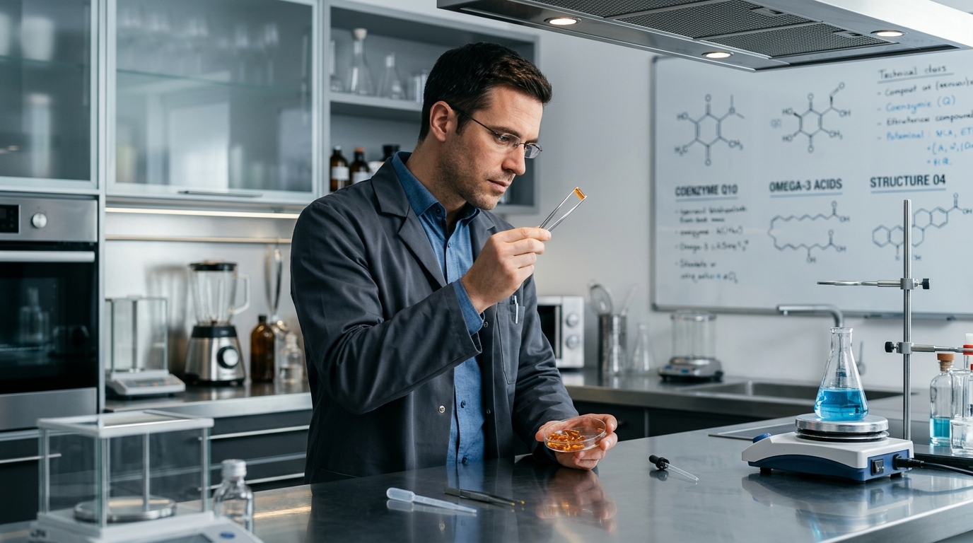 man examining advanced supplement with scientific interest