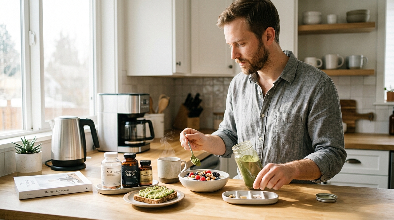 man integrating supplements into healthy morning routine