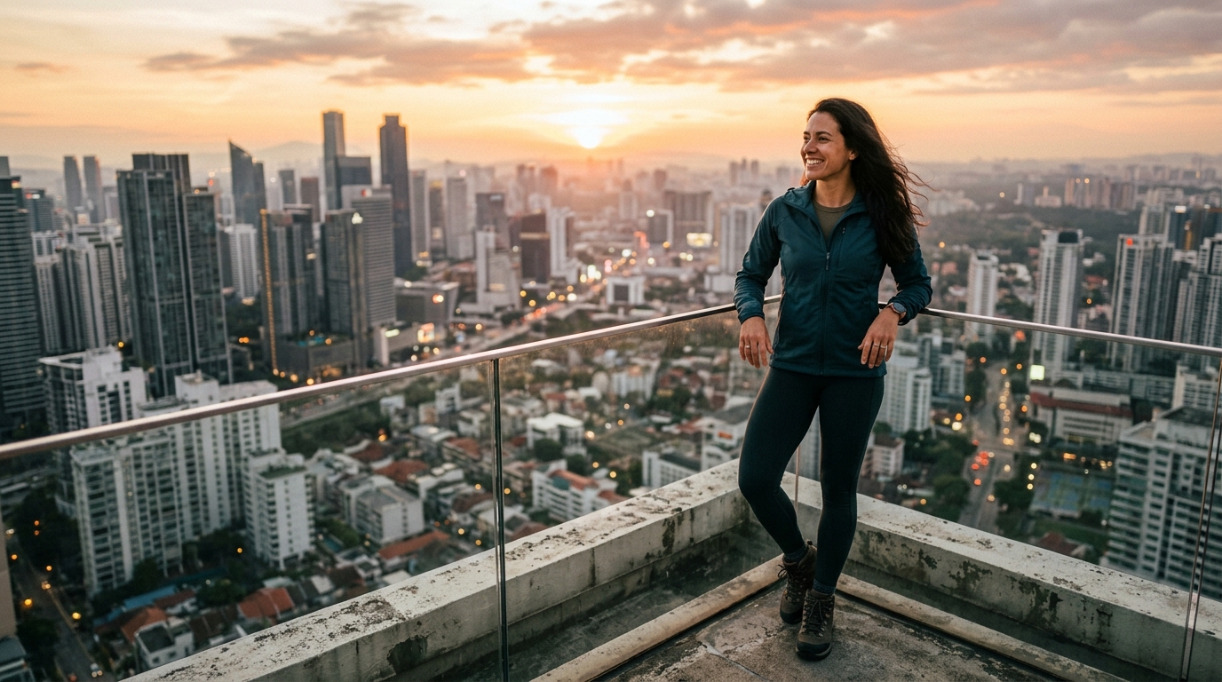 confident woman overlooking city at sunrise with vitality