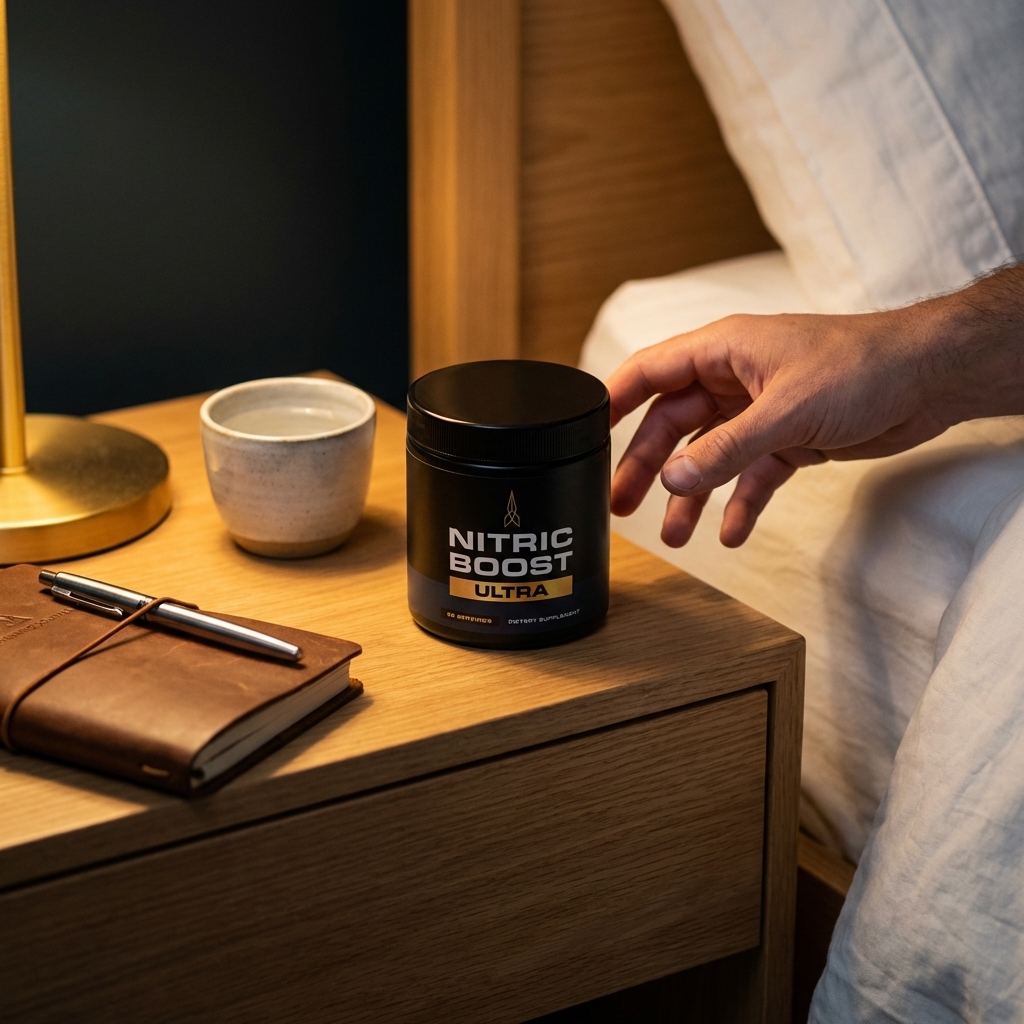 Nitric Boost on bedside table in warm evening light