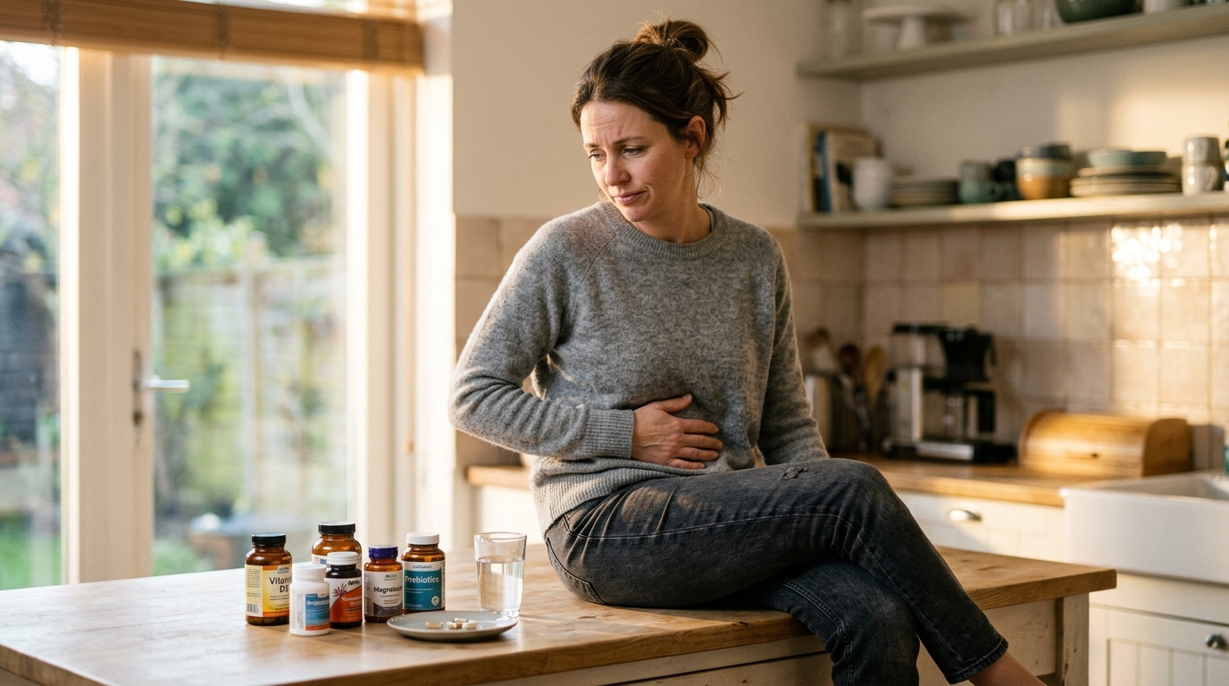 woman feeling discomfort from supplements digestive upset