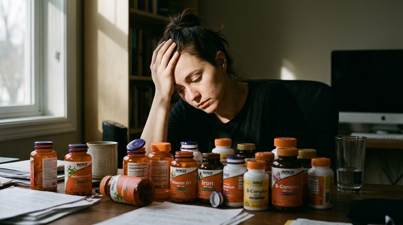 tired woman surrounded by supplements cellular repair fatigue