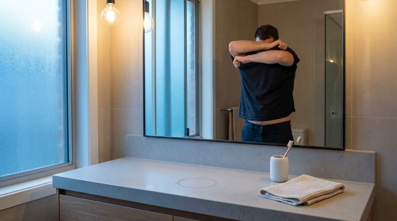 Man dressing at a clean bathroom counter in morning light
