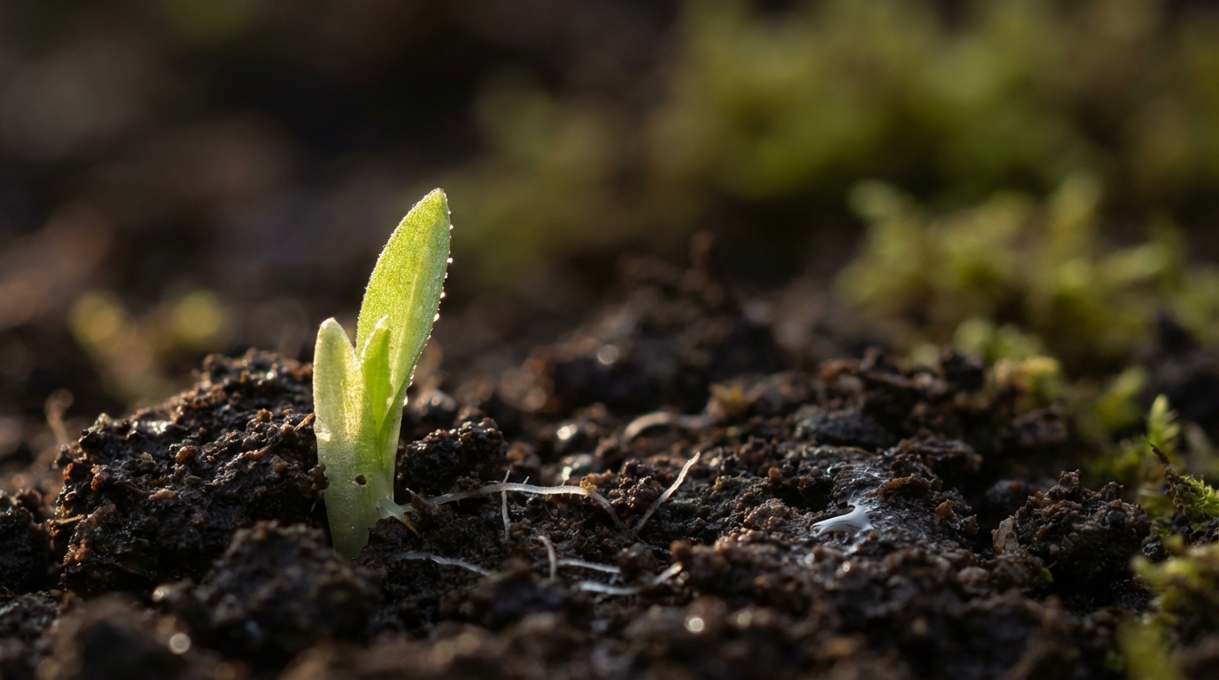 Macro close-up of a green shoot breaking through dark soil with visible roots beneath