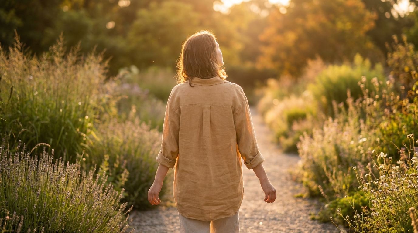 Woman walking along a garden path at golden hour seen from behind in loose linen