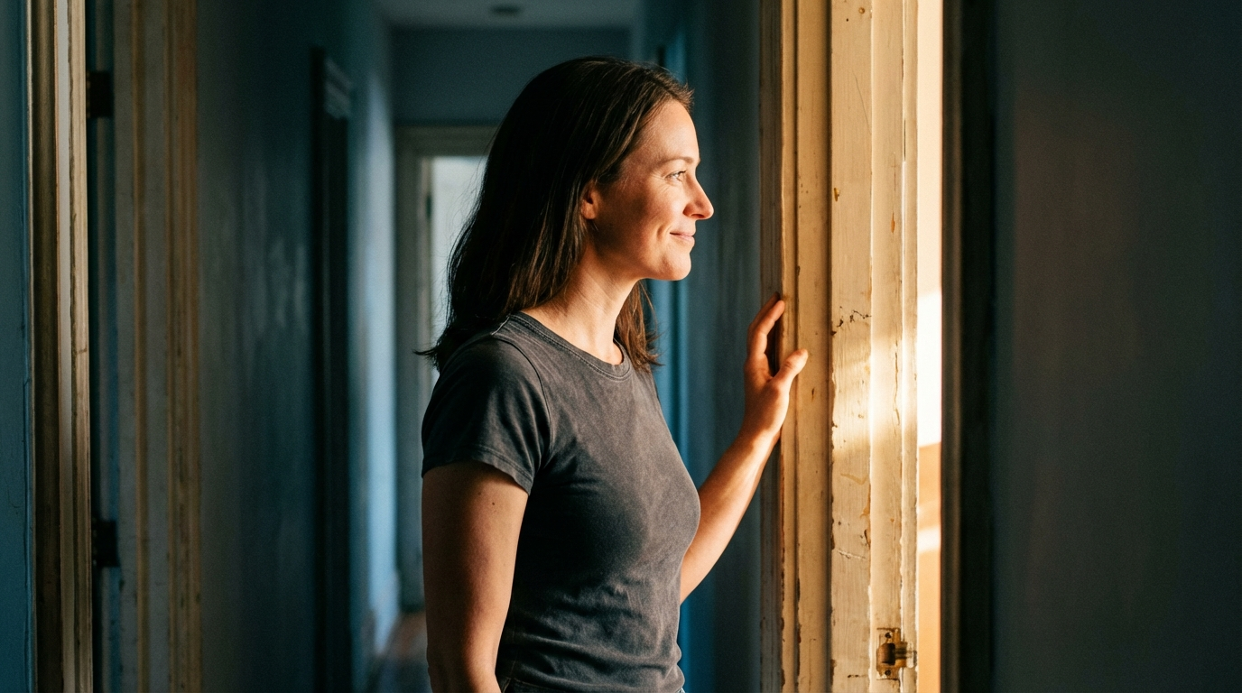Woman paused in a sunlit doorway hand on the frame expression quietly composed
