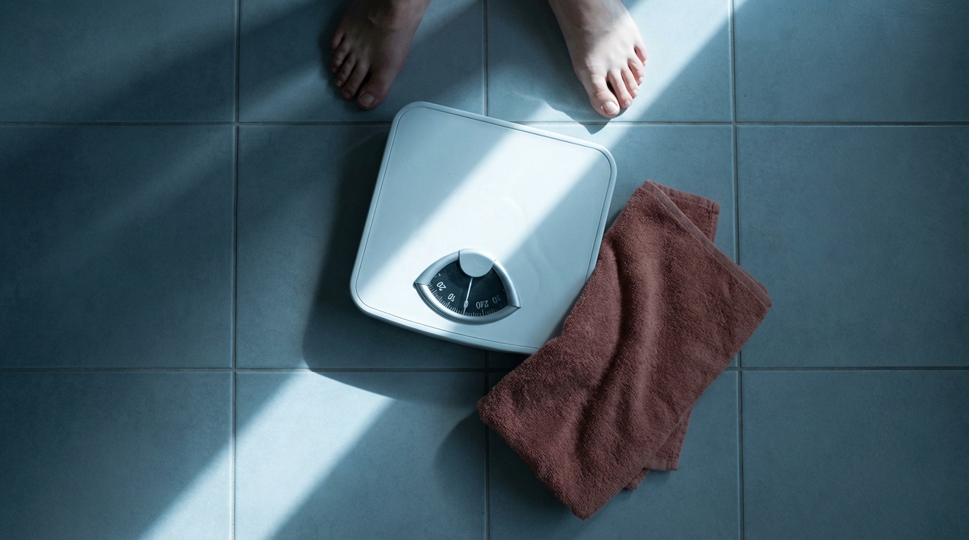Bathroom scale on tile floor in morning light with bare feet turned slightly away