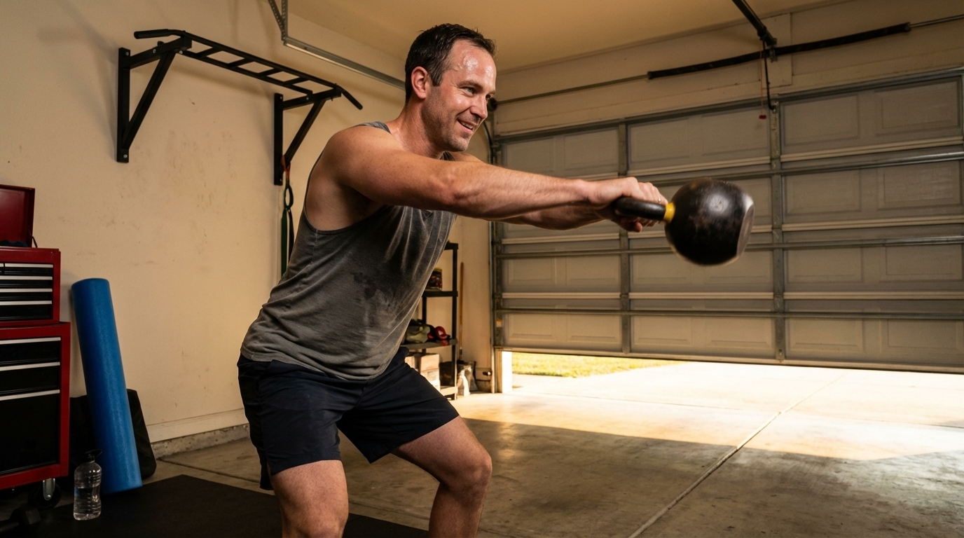 Man mid kettlebell swing in home garage gym at dawn
