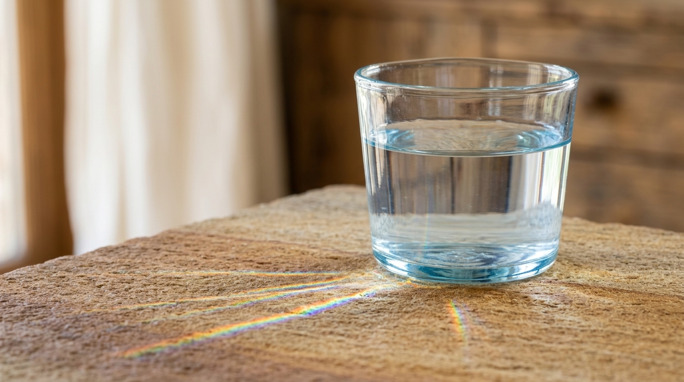 Light refracting through a glass of still water onto stone surface