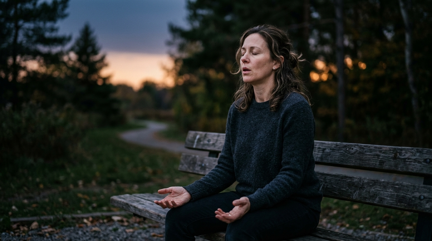 Woman sitting outdoors at dusk with eyes closed in quiet exhaustion