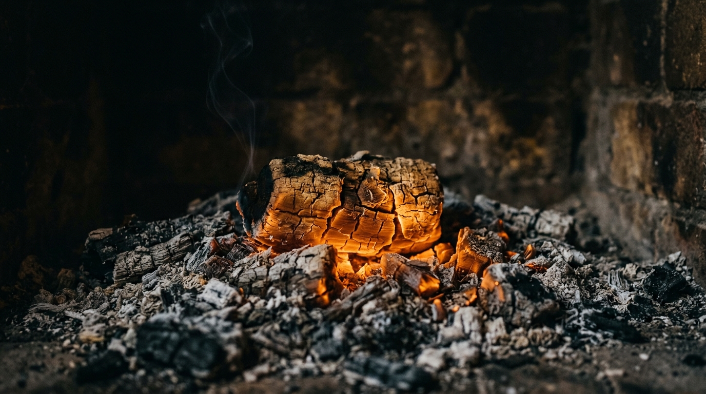 Glowing embers in dark ash with a thin curl of smoke rising