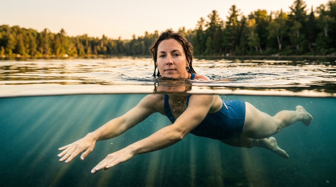 Split view of woman swimming in calm water with morning light above and below surface