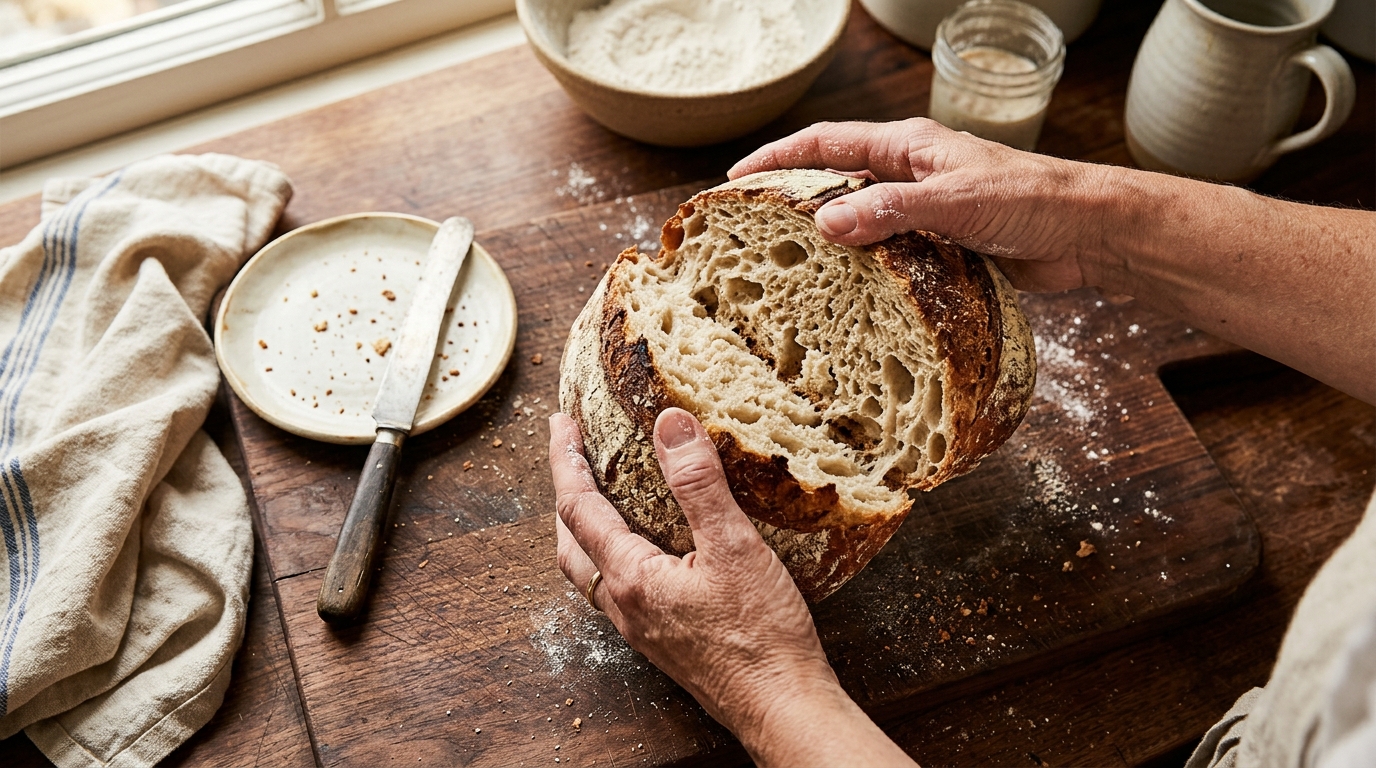 Overhead view of hands tearing fresh bread on a wooden board in warm kitchen light
