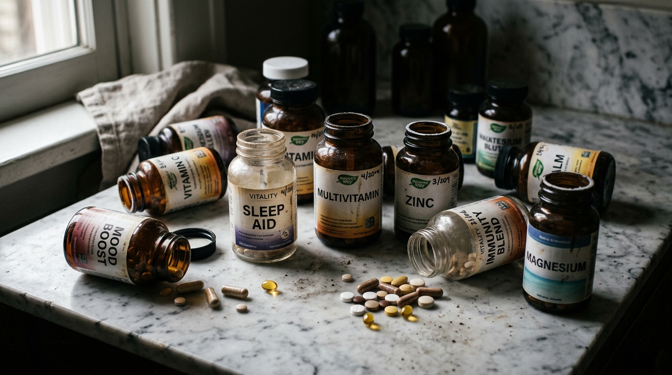 scattered supplement bottles showing supplementation attempts