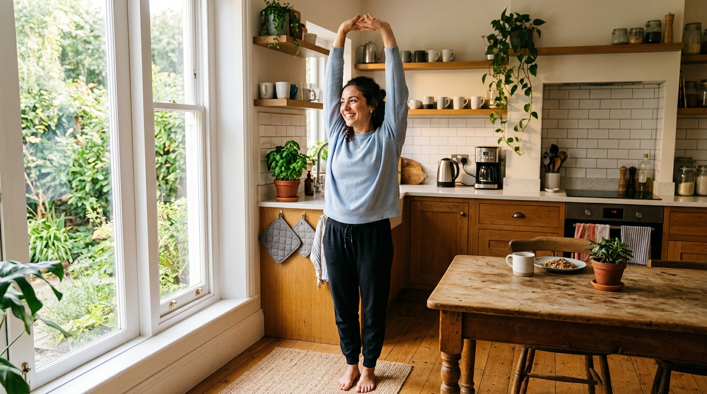 woman stretching joyfully in bright morning kitchen