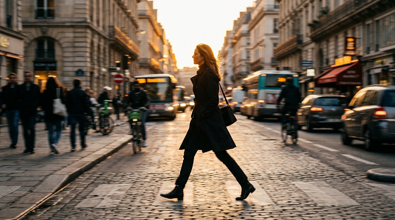 woman walking confidently in golden urban light
