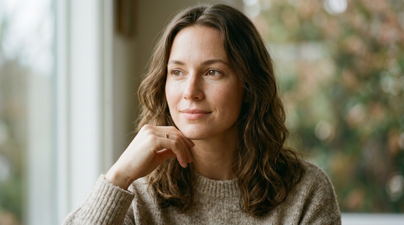 woman with serene confident expression in natural light