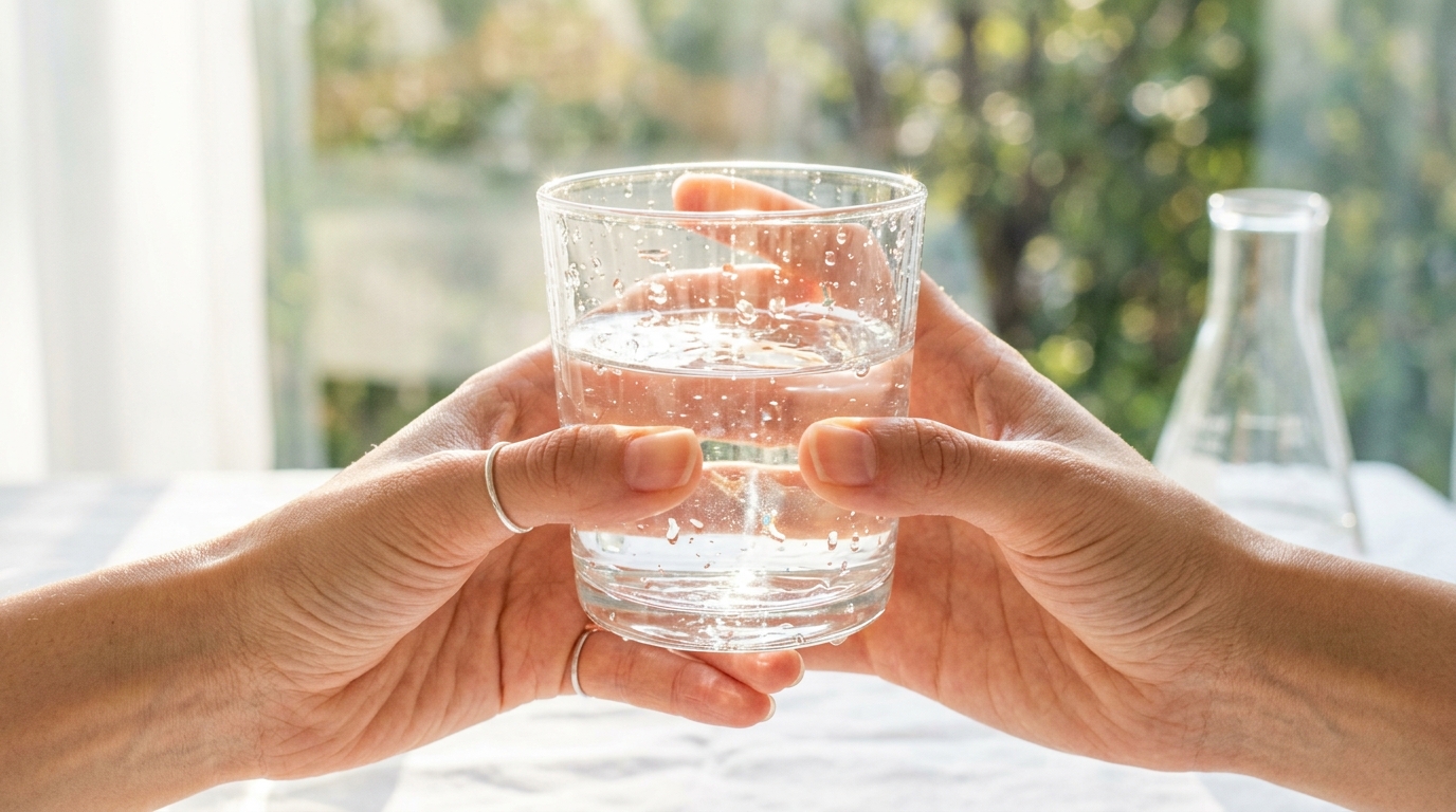 hands holding glass of water with refracted light