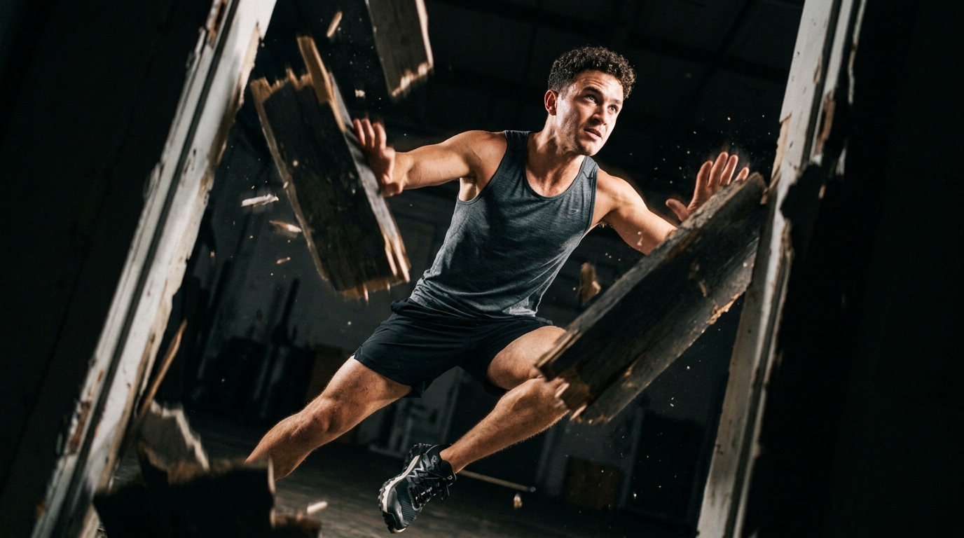 athletic man in dynamic movement breaking fatigue cycle