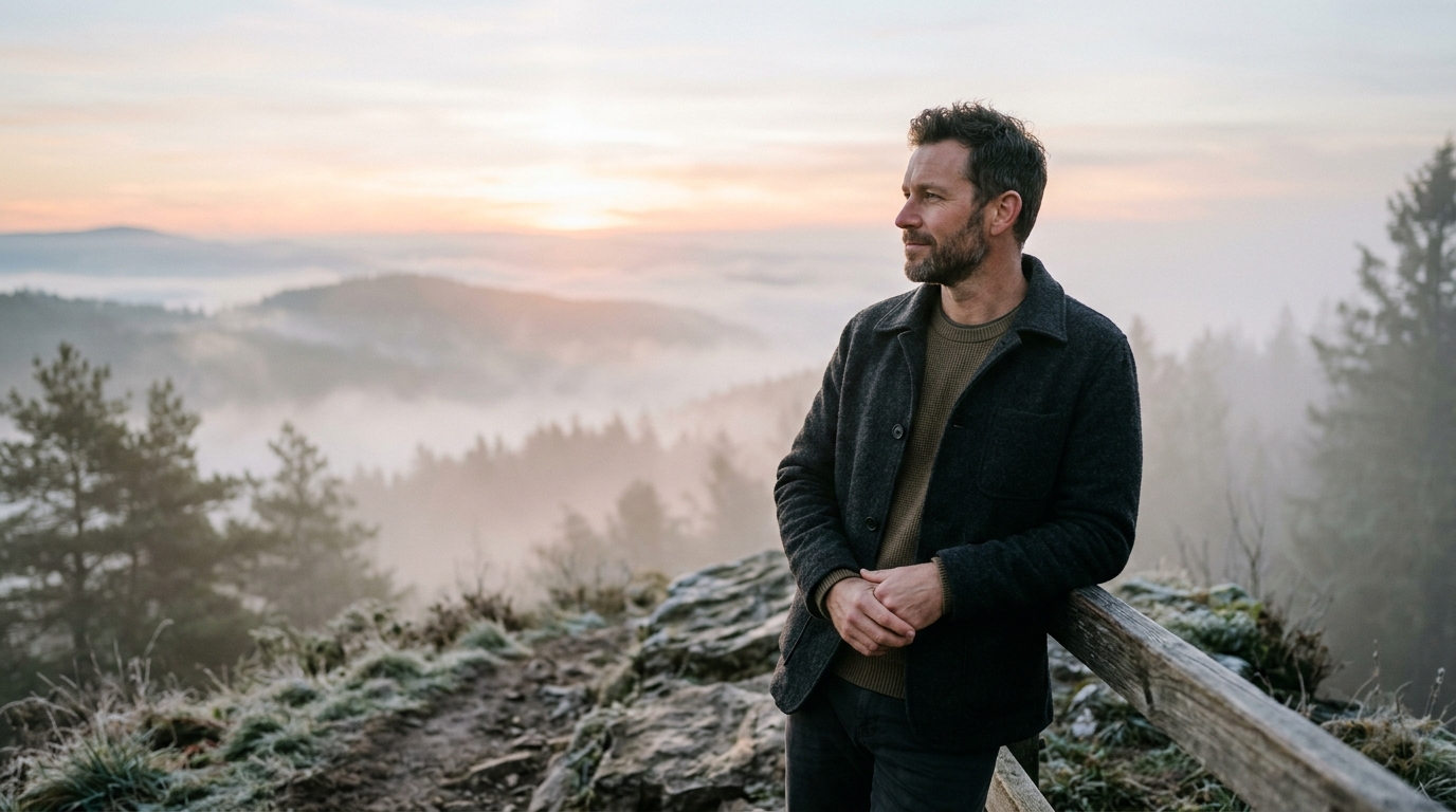 contemplative man at dawn showing vitality and clarity