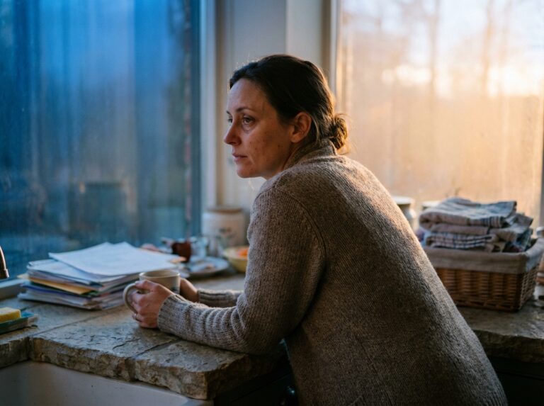 Woman in a quiet kitchen at first light holding a mug before the day begins