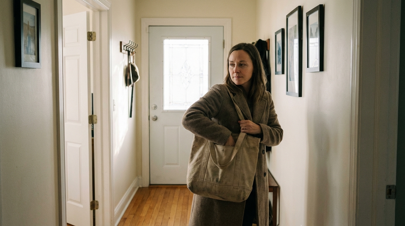 Woman calmly stepping into her day near a front door