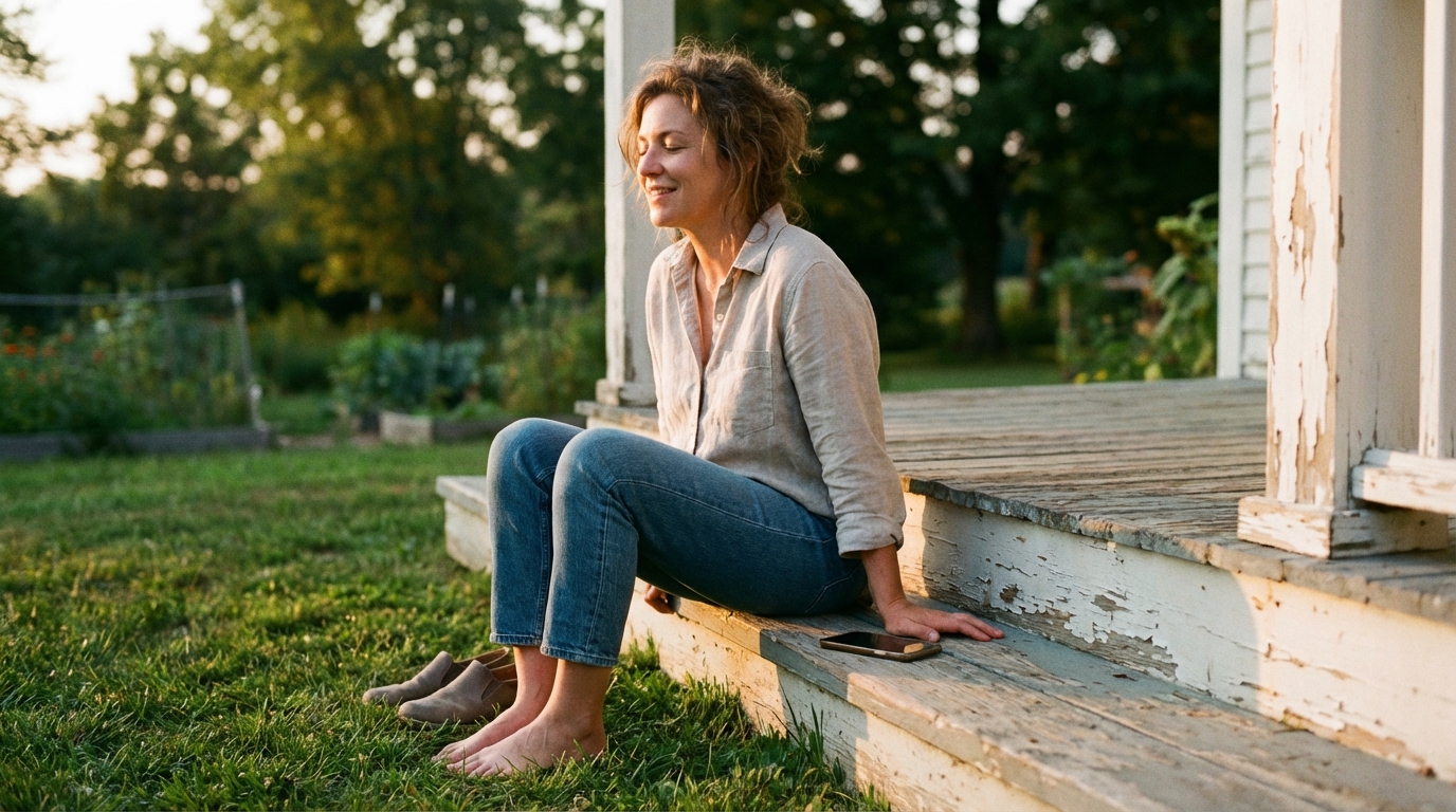 Woman sitting outside at golden hour looking calm and relieved