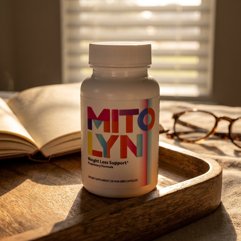 Mitolyn bottle on a wooden tray in warm late afternoon light