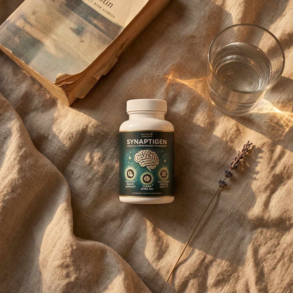 Synaptigen bottle on linen nightstand with book and water glass