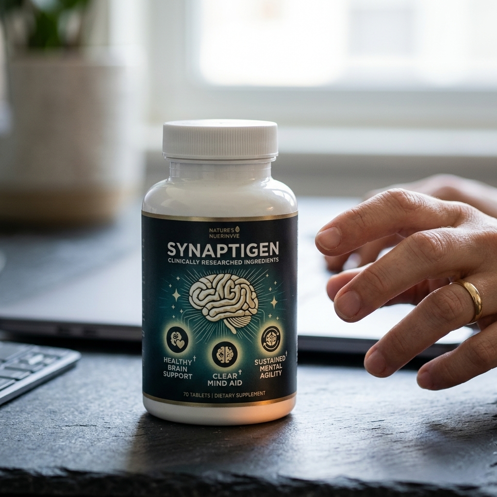 Synaptigen bottle on dark slate desk with soft daylight