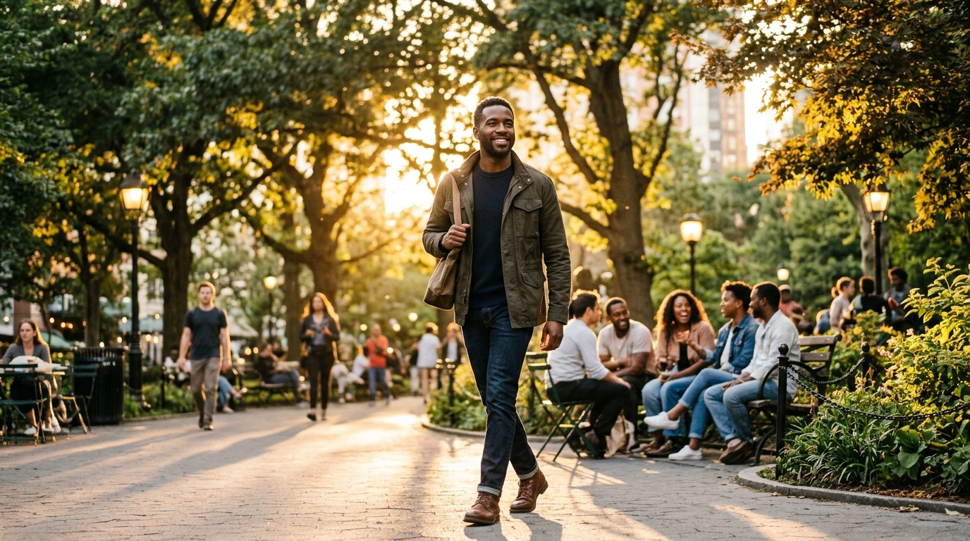 man walking confidently with evening energy for social activities