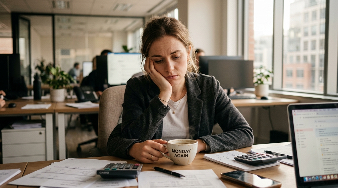 tired woman at office desk with coffee cup