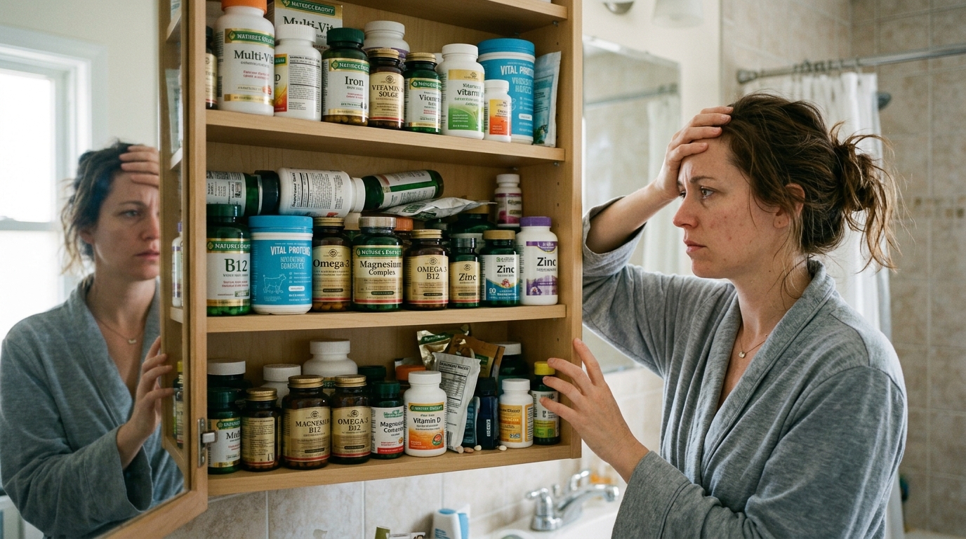 woman examining various supplements in medicine cabinet