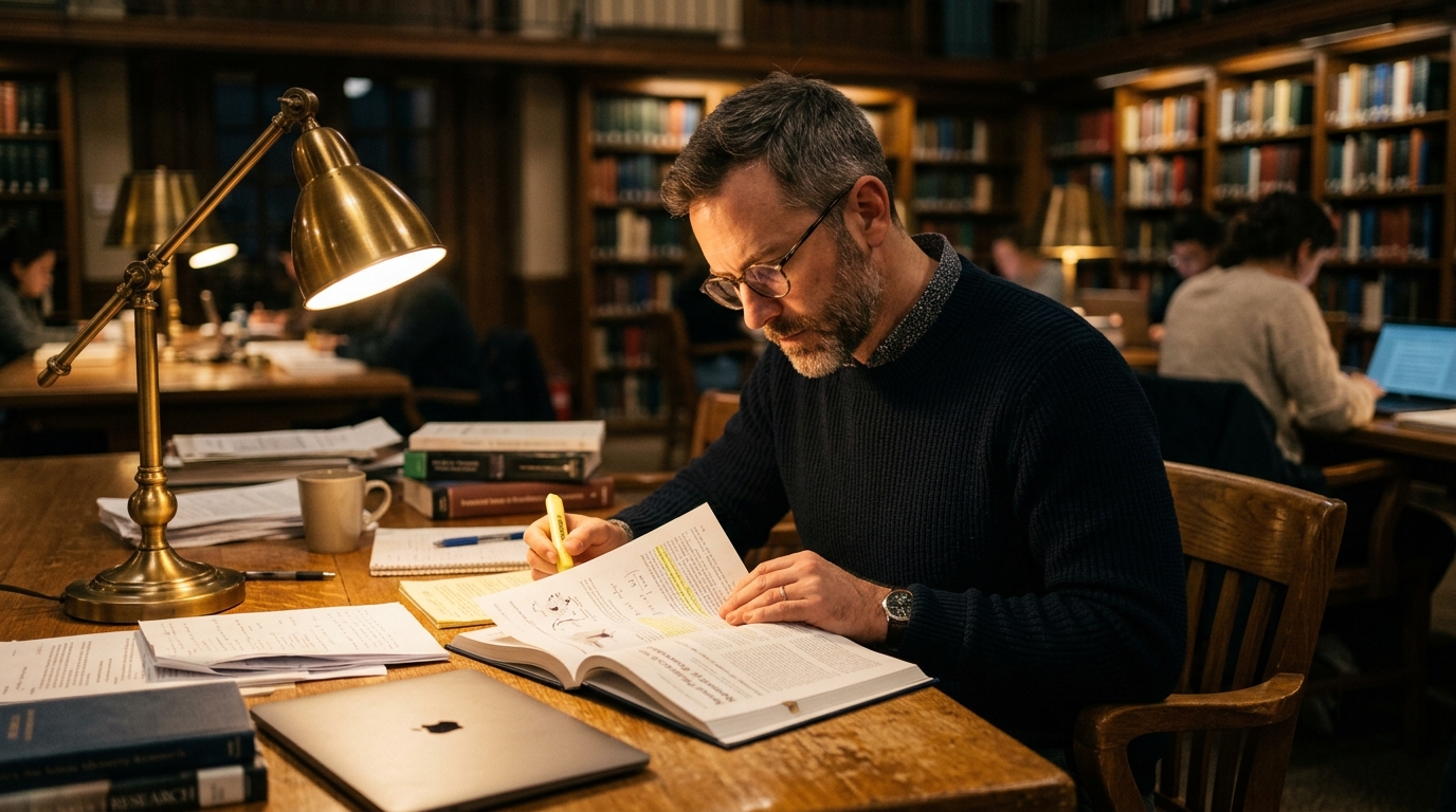 man reading scientific research at desk under lamp