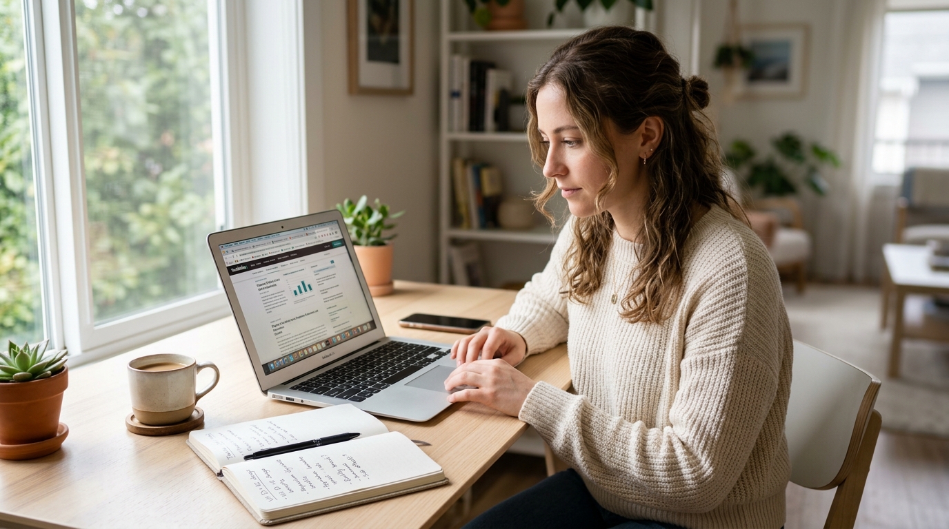 woman researching supplements on laptop with notes