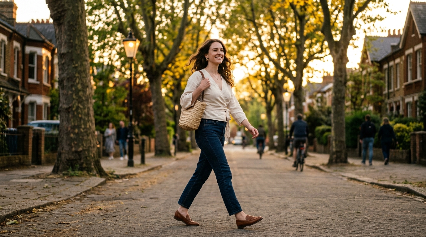 confident woman walking on tree lined street at sunset