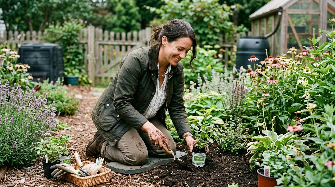 woman gardening peacefully in backyard flower bed