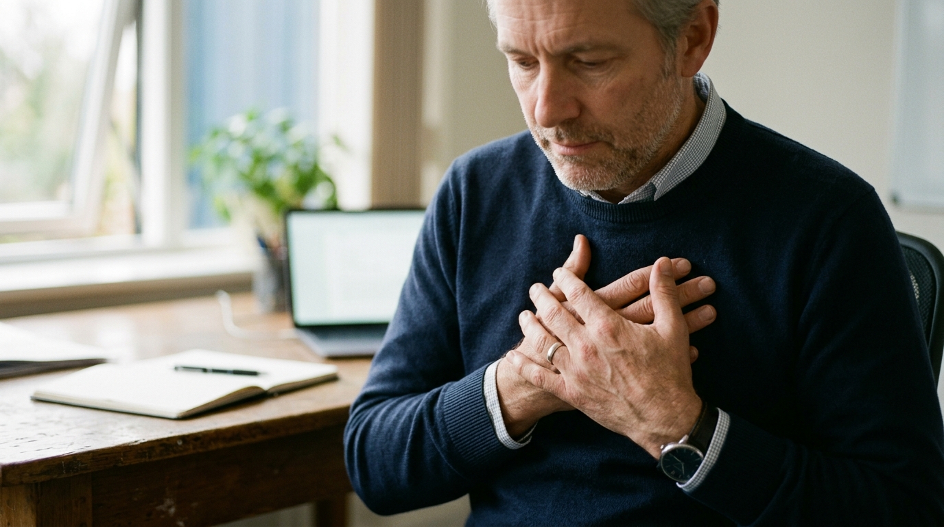 man with hands on chest recognizing subtle fatigue